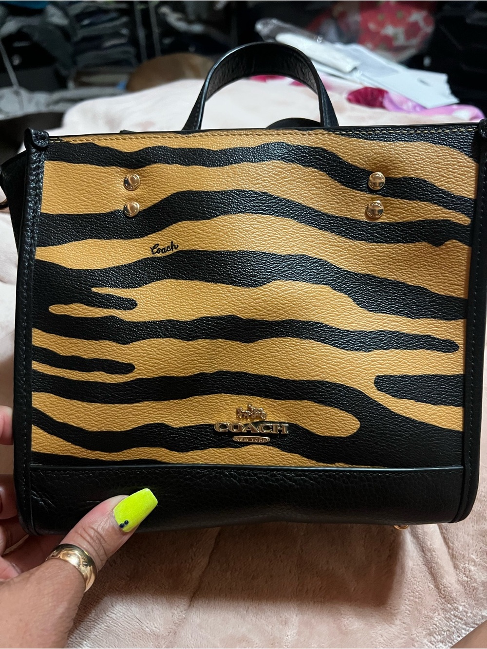 Coach Tiger Stripe Leather Satchel - Black & Tan